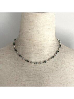 Sterling Silver 925 Green Nephrite & Cultured Pearl Beaded Necklace 15.5"